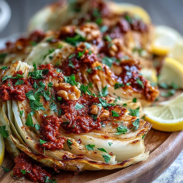 Caramelized cabbage wedges served warm, topped with a generous spoonful of homemade Winter Romesco sauce and a sprinkle of toasted walnuts.
