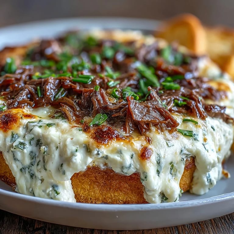 A golden-brown, baked Philly Cheesesteak Dip, overflowing with tender steak and melty cheese, ready for a game day gathering.