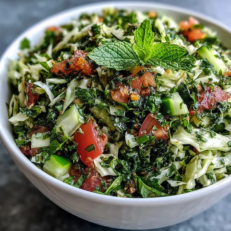 Close-up of a vibrant Lebanese Cabbage Salad featuring crisp vegetables and fresh herbs, garnished with green onions and a lemon wedge on a rustic table.