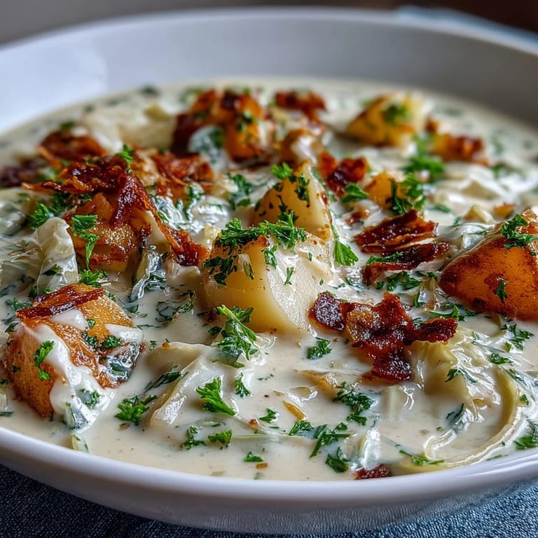 A spoon dips into Creamy Potato Soup with Cabbage, highlighting its smooth texture and flecks of green herbs.