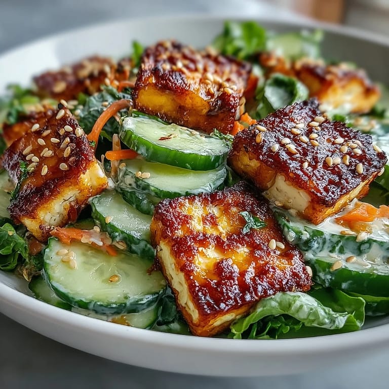 The Creamy Asian Cucumber Salad with Crispy Tofu is finished with toasted sesame seeds and fresh herbs. 