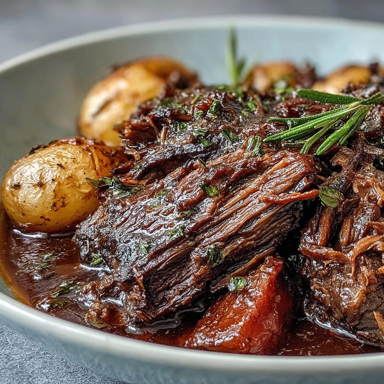 Succulent beef pot roast plated with root vegetables and fresh parsley garnish, ready to be enjoyed.