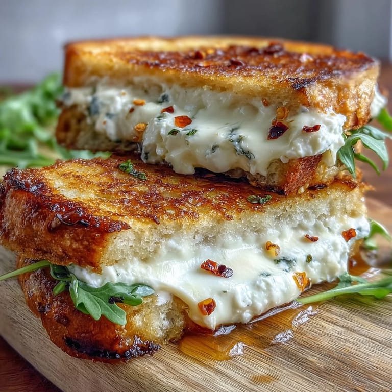 Crispy buttery sourdough holds warm goat cheese grilled cheese with honey and chili flakes, topped with fresh thyme and a delicate honey thread.  