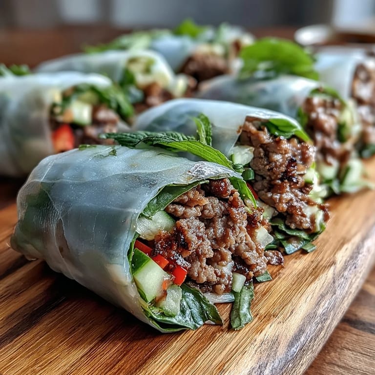 Soft rice paper wrappers encasing seasoned beef and Thai basil, ready to be served with a tangy spicy dipping sauce for lunch.