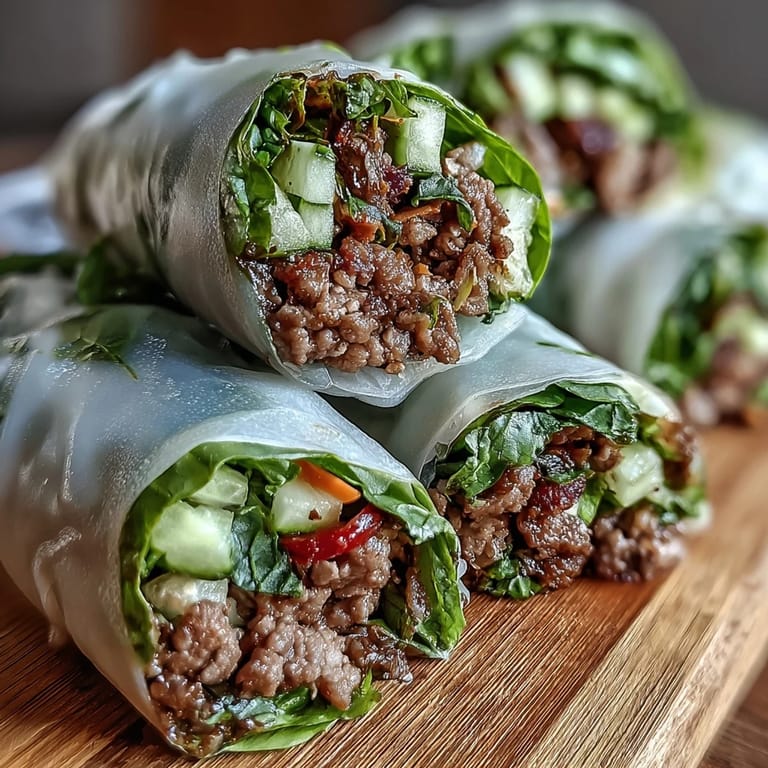 Vibrant Thai Basil Beef Rolls on a platter, featuring colorful vegetables and fresh herbs, perfect as a light appetizer or snack.