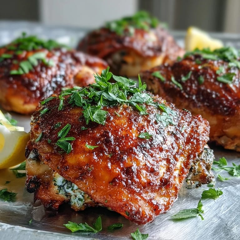 Perfectly juicy baked bone-in chicken thighs are arranged on a wire rack with smoky paprika seasoning visible on the crispy skin.