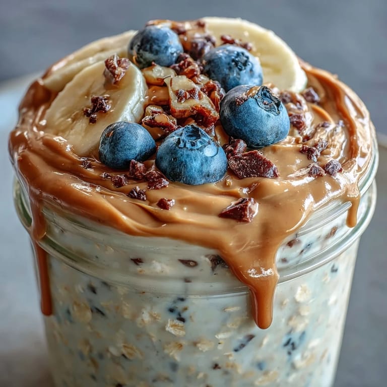 This grab-and-go high-protein peanut butter overnight oats recipe features velvety texture, Greek yogurt, and chopped roasted peanuts for a nourishing morning start.  