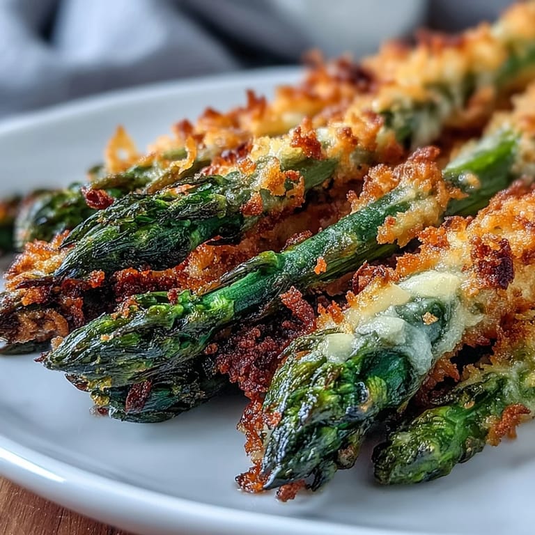 Crispy Asparagus Asiago Spears arranged on a baking sheet, golden with paprika and garlic, ready to serve as a snack.