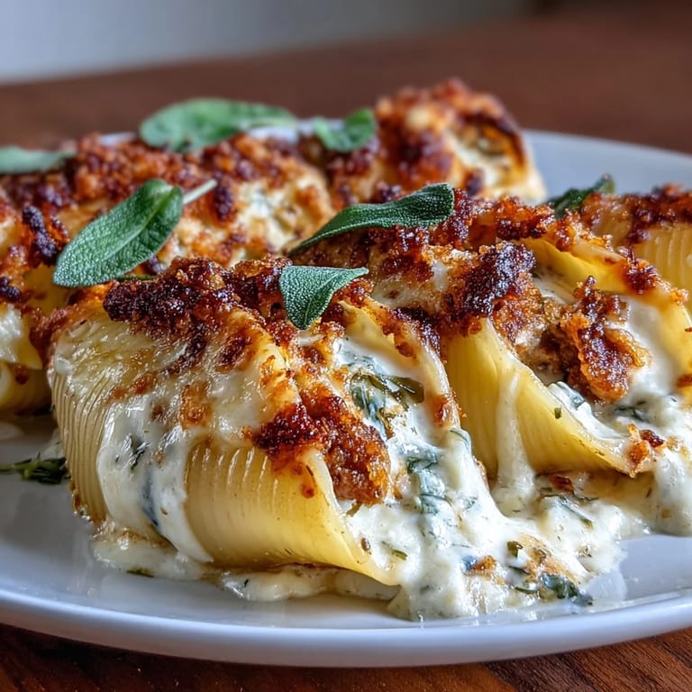 Freshly baked Pumpkin & Gouda Stuffed Shells served hot from the oven for a cozy dinner.