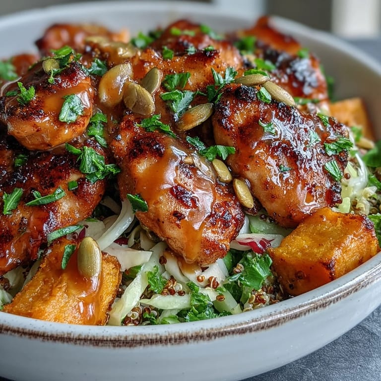 Colorful ingredients are layered in a bowl for a nourishing American fusion meal, topped with a drizzle of spicy hot honey mustard dressing.