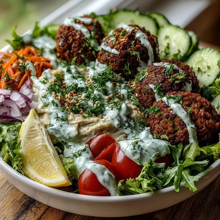 Ready-to-serve vegetarian falafel bowl featuring fluffy falafel, crisp vegetables, and rich tahini drizzle over a bed of greens.