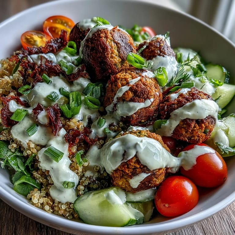 Healthy Falafel Quinoa Salad Bowl served in a white dish, featuring golden falafel, green onions, and fresh vegetables ready for a wholesome vegetarian lunch or dinner.