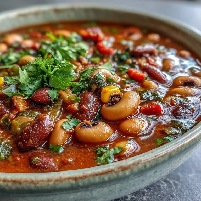 A comforting bowl of Black-Eyed Pea Chili topped with a dollop of sour cream and fresh cilantro, served beside crunchy tortilla chips. 