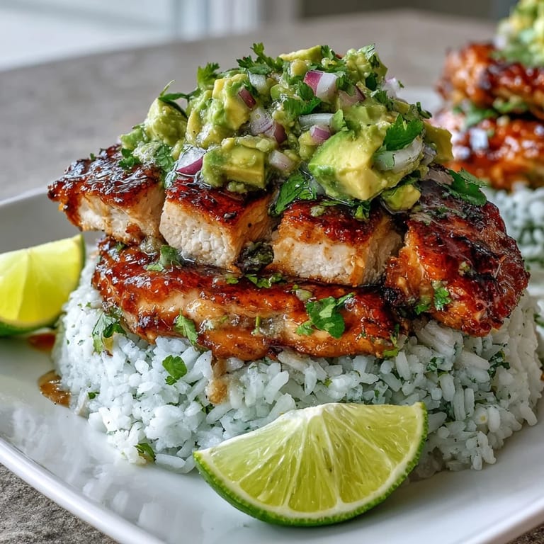 Sliced honey-lime grilled chicken over a bed of rice, crowned with a vibrant avocado topping.