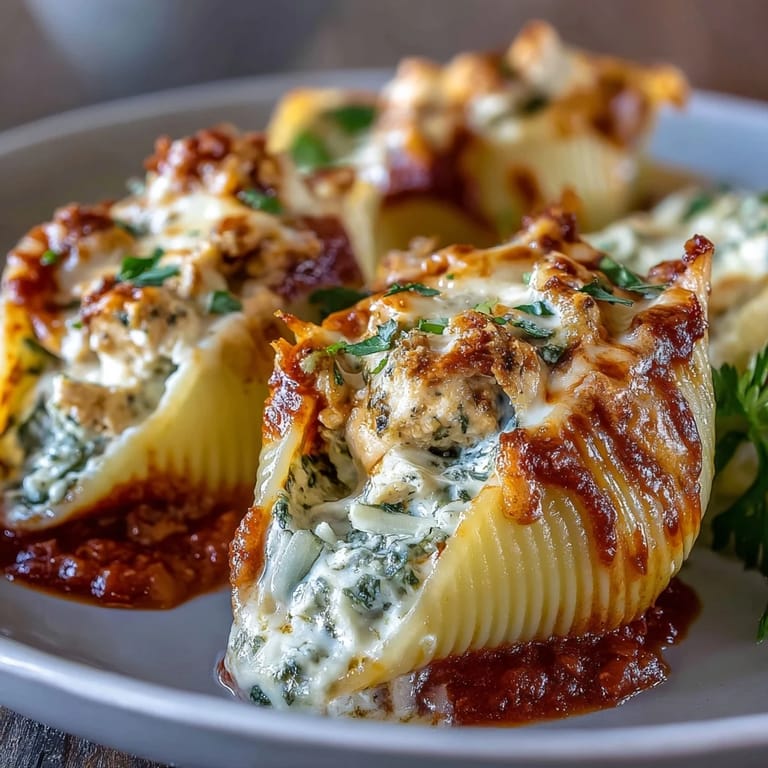 Close-up of Pesto Lasagna Stuffed Shells with creamy ricotta filling and rich marinara sauce.