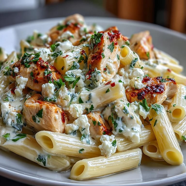 Close-up of Creamy Lemon Feta Chicken Pasta, twirled penne with creamy sauce, fresh parsley, and extra feta, served with a lemon wedge on the side.