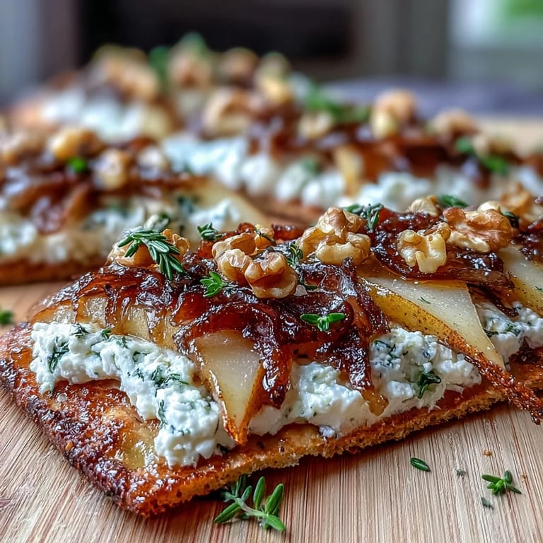 Overhead view of a sliced Goat Cheese & Pear Flatbread with Hot Honey, drizzled with spicy honey, topped with pears and onions, ready to serve at a dinner party.