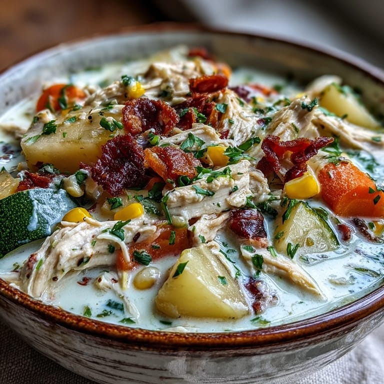 Hearty Ranch Chicken Veggie Soup in a rustic bowl with crusty bread on the side.