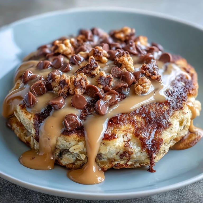 Spoon into this warm Peanut Butter Cup Protein Pancake Bowl, featuring gooey chocolate chips and a rich peanut butter drizzle on top.
