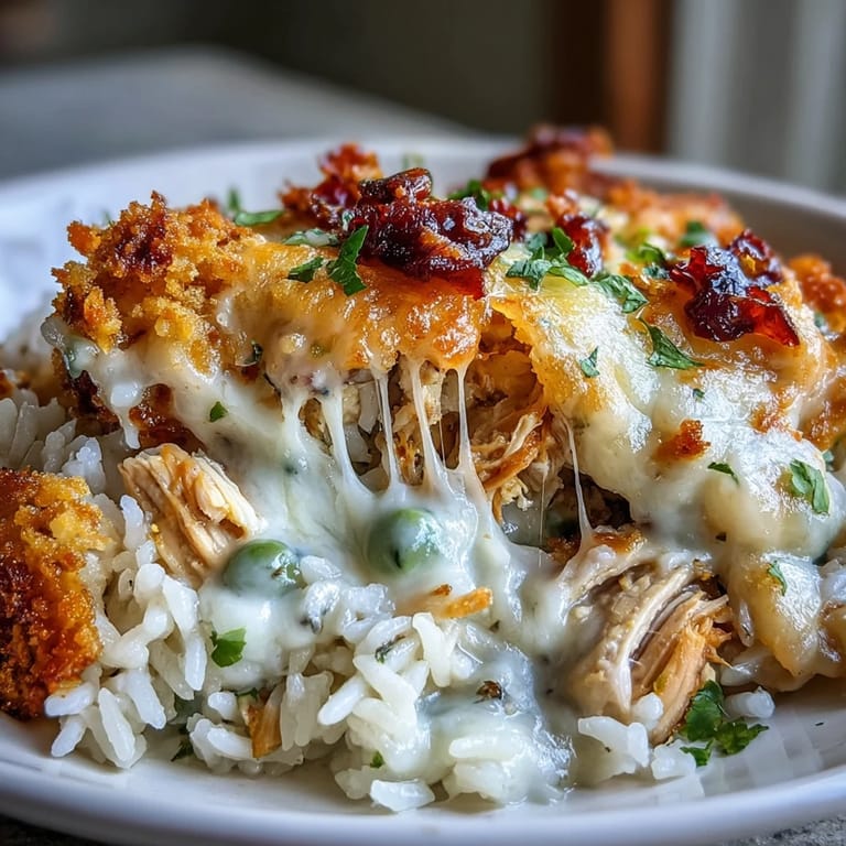 Steam rises from the creamy garlic-Parmesan sauce coating tender chicken and fluffy rice in a 9x13-inch dish.