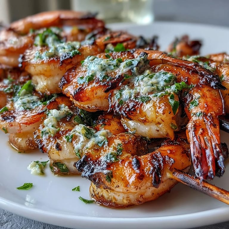 Tender lemon herb shrimp skewers fresh off the grill, charred edges and bright herbs perfect for a summer dinner plate.