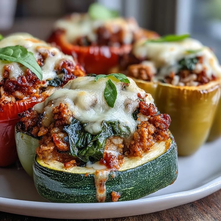 Stuffed Bell Peppers filled with savory ground turkey, zucchini, and brown rice, resting on a marble kitchen counter.