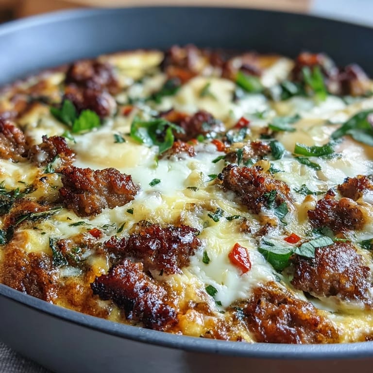 Golden-brown Keto Sausage and Egg Breakfast Bake with Peppers served directly from the baking dish.