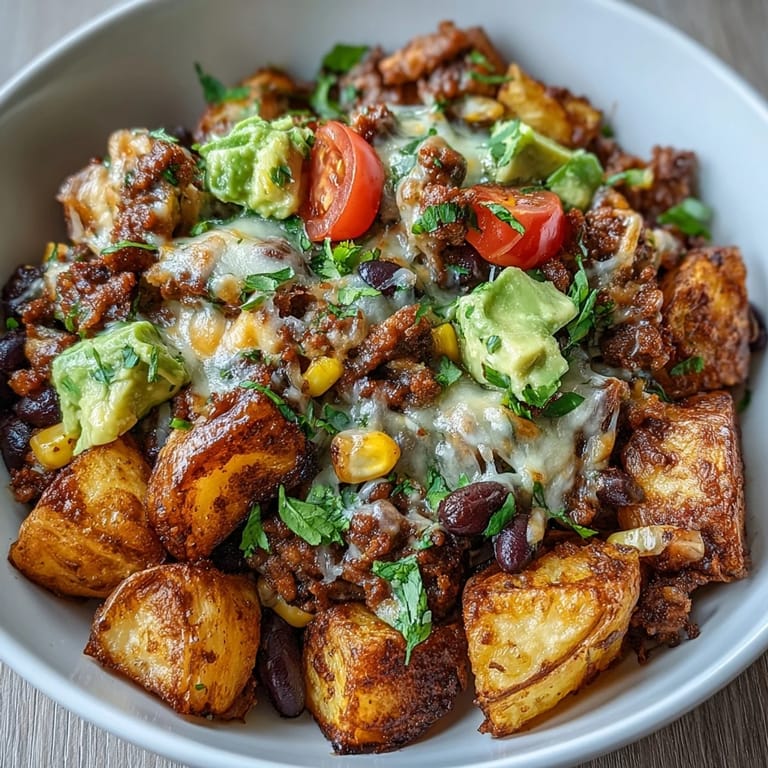 Hearty Loaded Potato Taco Bowl featuring golden crispy potatoes, spiced meat, black beans, corn, avocado, and melted cheese, perfect for a satisfying dinner.