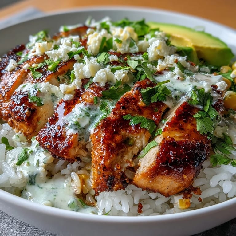 Flavorful Street Corn Chicken Rice Bowl featuring tender seasoned chicken, smoky street corn, and a zesty lime sauce in a vibrant, satisfying bowl.