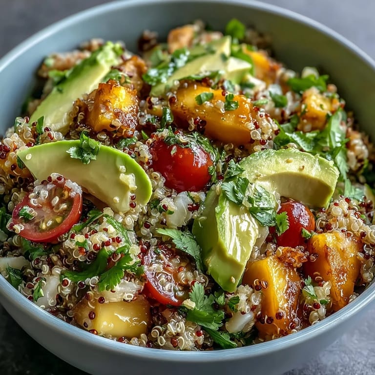 Colorful bowl of mango avocado quinoa salad topped with fresh cilantro and cherry tomatoes, drizzled with tangy lime dressing.  