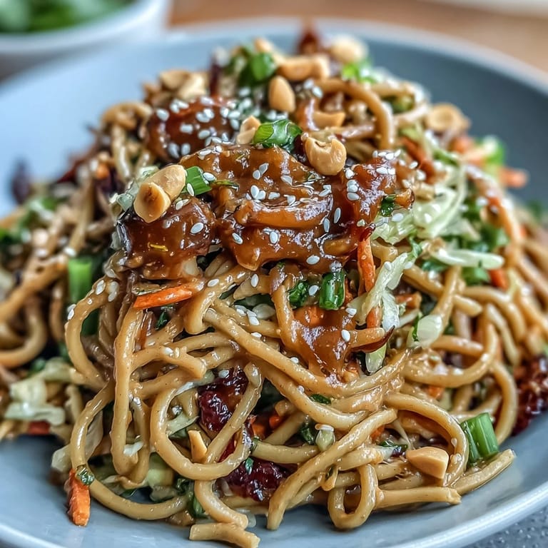 Bright and zesty vegan spicy peanut soba noodle salad featuring crisp red cabbage, carrots, and bell peppers in a creamy dressing.  