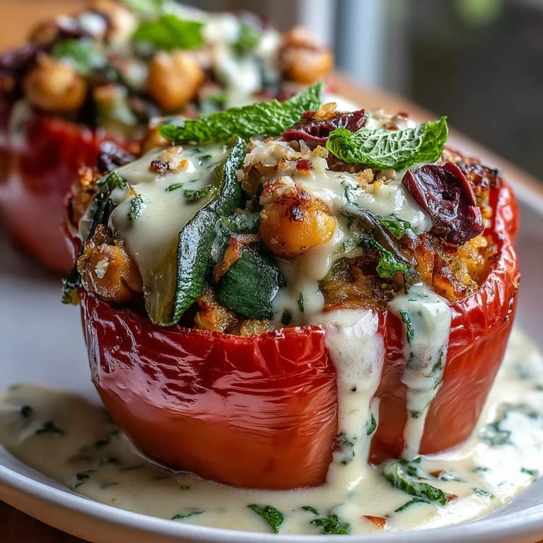 2. Mediterranean-inspired chickpea stuffed peppers with fresh herbs, sun-dried tomatoes, and a zesty lemon tahini drizzle.  