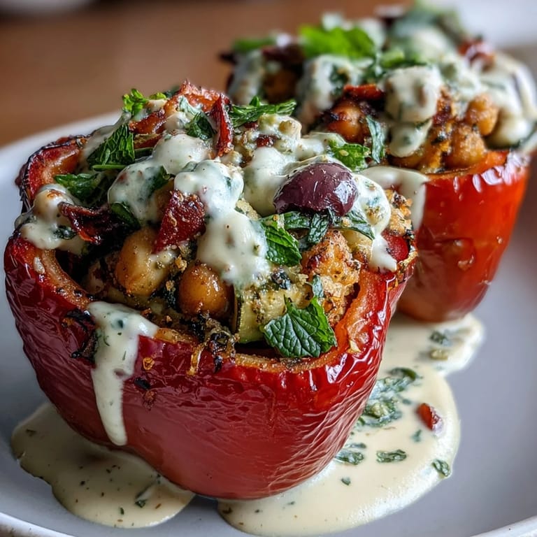 3. Colorful bell peppers packed with hearty chickpea and vegetable filling, served with a rich, tangy lemon tahini sauce.