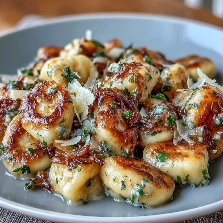 Silky potato gnocchi tossed in fragrant black truffle butter, seasoned to perfection and garnished with fresh chives for an indulgent Italian dinner.
