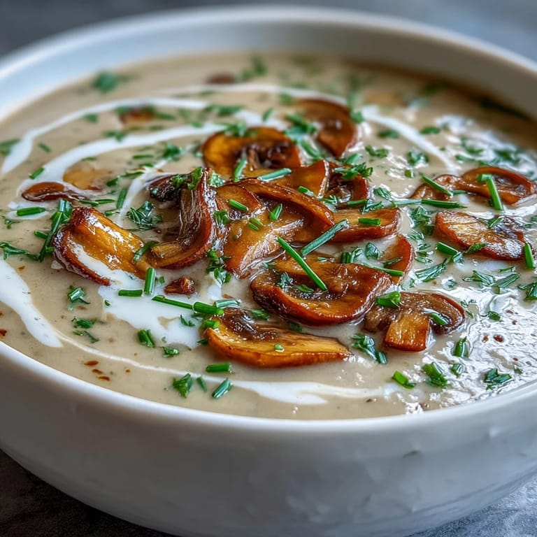Aromatic bowl of Creamy Mushroom & Cardamom Soup, garnished with chopped chives and a drizzle of cream, perfect for a cozy dinner.