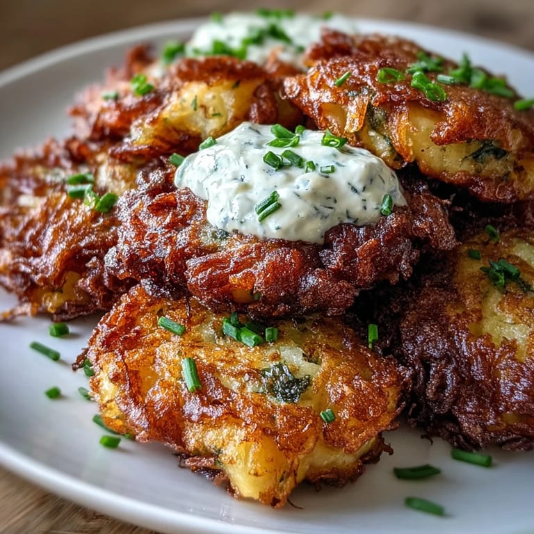 Herb-loaded potato fritters with golden edges, served warm and garnished with sour cream and fresh chives for a comforting appetizer.