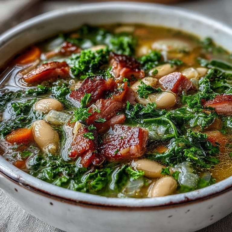 Hearty ham and kale white bean soup served with crusty bread, featuring smoky ham, nutritious kale, and velvety white beans in rich broth.