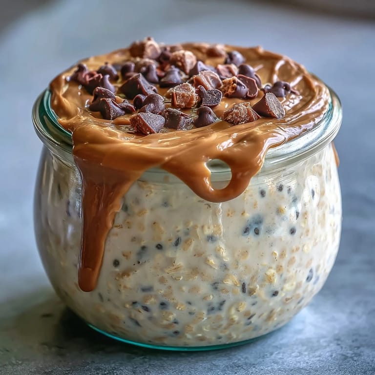 Wholesome rolled oats soaked in milk and yogurt, topped with rich peanut butter and sweet chocolate chips for a satisfying morning meal.