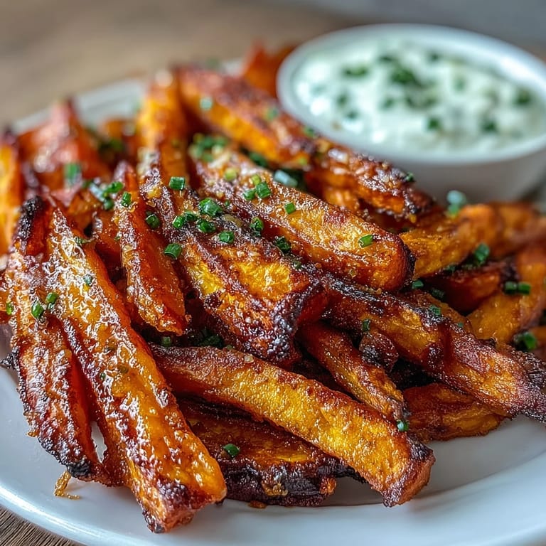 A plate of crunchy air-fried sweet potato fries paired with tangy, savory onion dip for snacking.