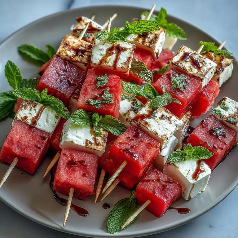 Colorful watermelon feta skewers with mint leaves, a refreshing and easy vegetarian appetizer.  
