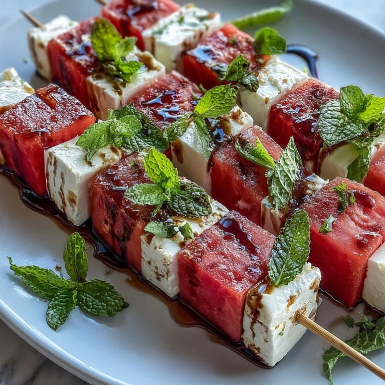 Juicy watermelon cubes and creamy feta on skewers, garnished with mint and balsamic glaze.