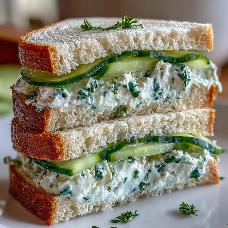 Chilled cucumber and herbed cream cheese finger sandwiches, beautifully arranged for sophisticated gatherings and garden parties.