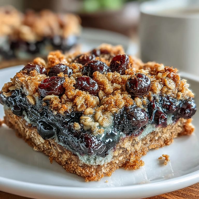 Golden baked blueberry oat breakfast bars topped with a crumbly oat layer, ideal for a wholesome morning treat.