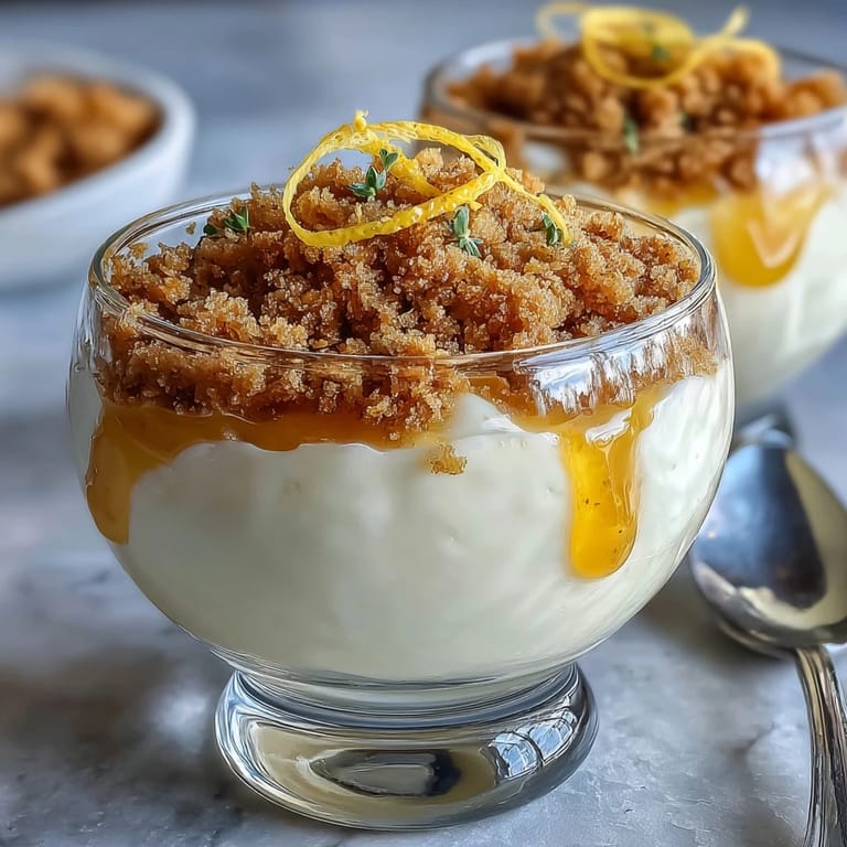 Layered dessert featuring fluffy Greek yogurt mixed with honey, bright lemon curd, and golden sourdough crumb topping in elegant parfait glasses for a refreshing treat.