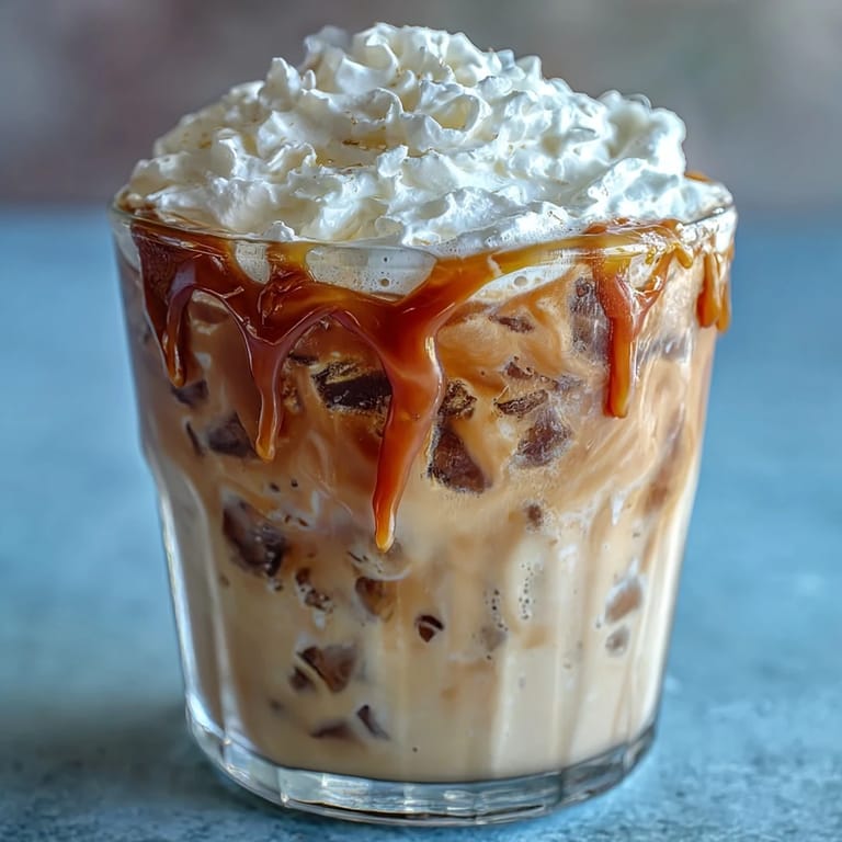 Iced vanilla bean frappuccino featuring real vanilla bean and caramel drizzle, a cool and creamy beverage perfect for hot summer days.