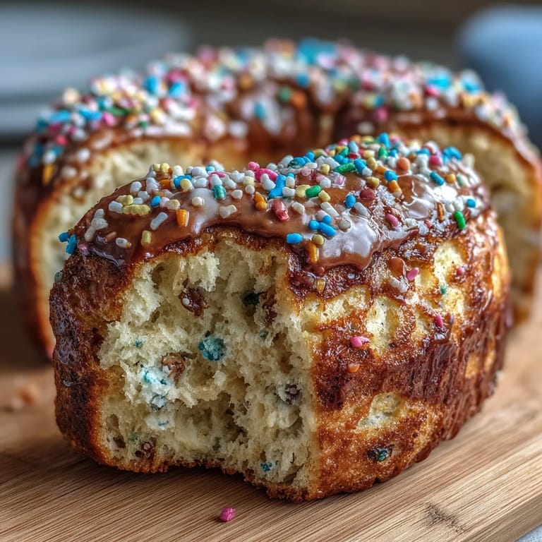 High-protein birthday cake bagels with colorful sprinkles, perfect for a fun and nutritious morning meal.