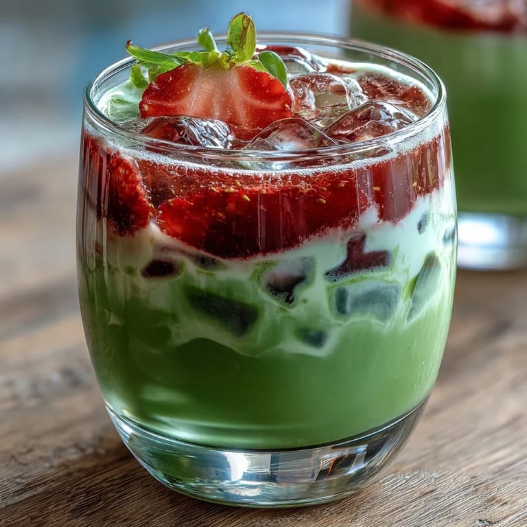 Refreshing layered latte featuring homemade strawberry puree, frothy matcha, and cold milk over ice, perfect for warm days.