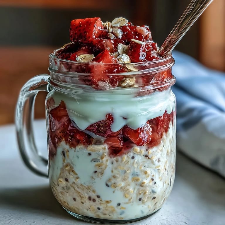 Protein-packed overnight oats with vanilla Greek yogurt, diced strawberries, and crunchy sliced almonds.  