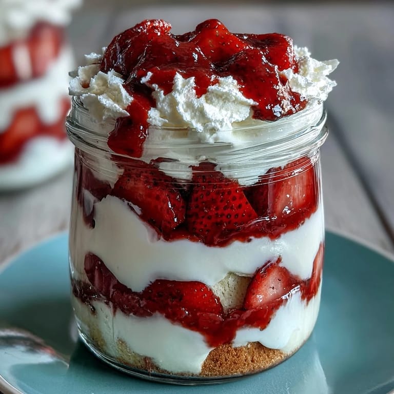 Individual mason jar desserts featuring sweet strawberries, fluffy whipped cream, and tender shortcake for easy serving.