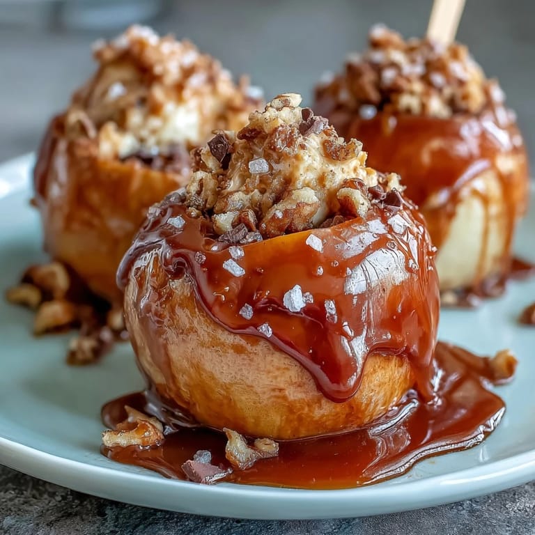 Crisp apple slices coated in rich caramel and rolled in crushed peanuts for a delightful dessert.